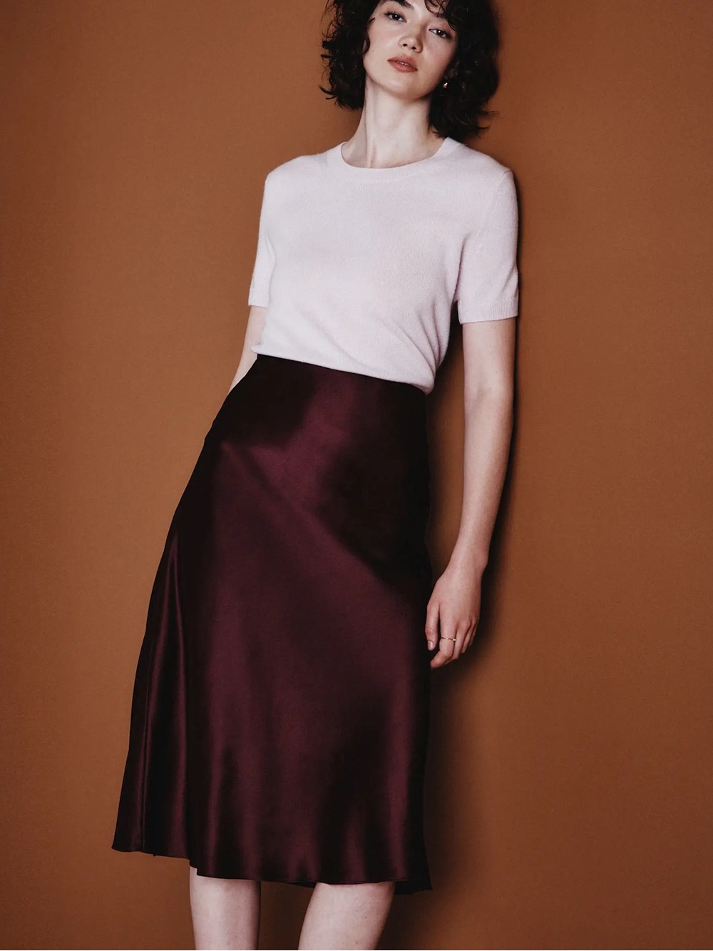 Quince 100% Washable Silk Skirt Midi Wine Tasting Red Pull On Size Large